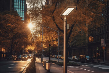 Image of a solar-powered street light on the boulevard of the metropolis city.