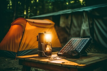 Image of a yellow camping tent in the woods with a lamp powered by solar energy at dusk.