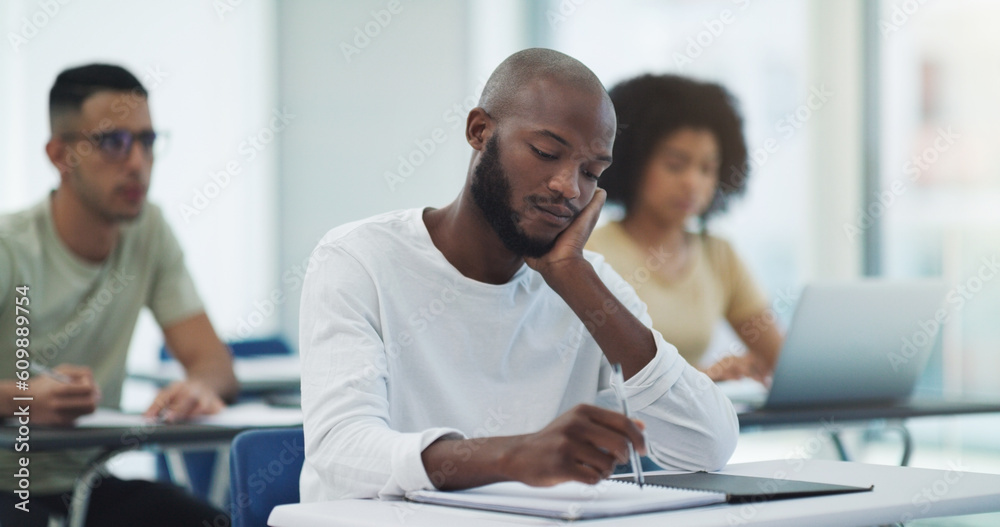 Poster Black man, student desk and bored in university class with learning for college test at table. Book, school study and African male person thinking, writing and lecture notes for studying in classroom