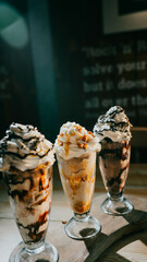 Closeup of 3 glasses filled with icecream 