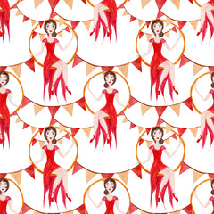 Watercolor pattern, acrobat girl in red dress, garlands on white background. For circus, childish products, wrapping etc