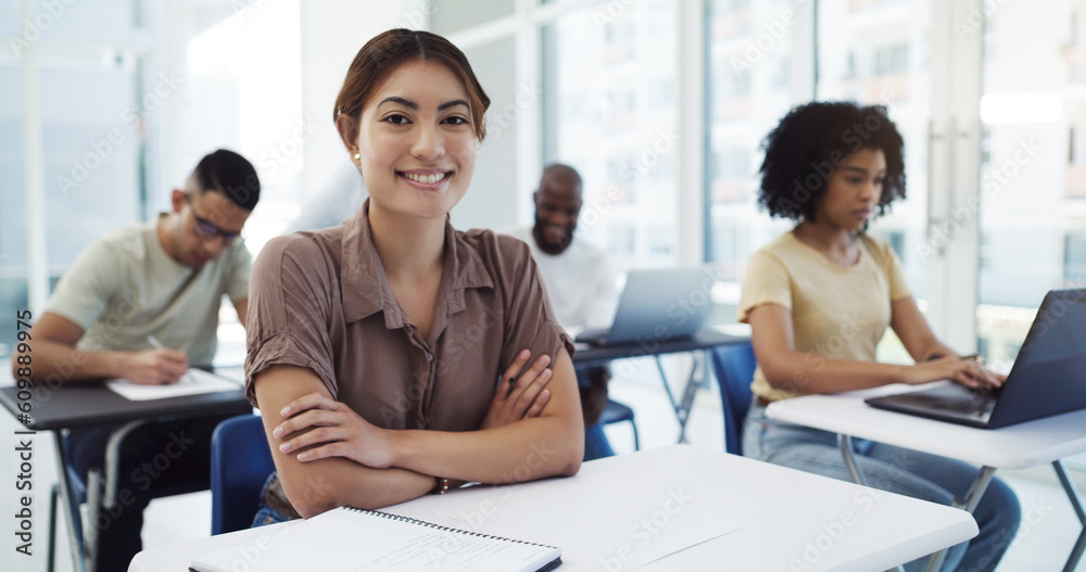 Poster portrait, education and girl college student in classroom for learning, lecture or studying at acade