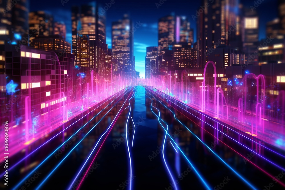 Wall mural Wallpaper with futuristic neon lights, fiber optic internet connections, the concept of DATA communication transfer in a city light is fantastic. Generative AI.