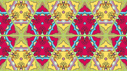 Colorful seamless triangle patchwork pattern. Abstract hand drawn art, stylized floral doodle ornament. Tribal ethnic arabic, indian decor. Vector collage quilt pattern. Textile fabric paper print