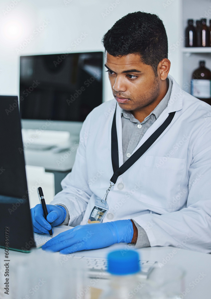 Poster scientist man, writing and lab computer for medical notes, pharmaceutical report and research with d