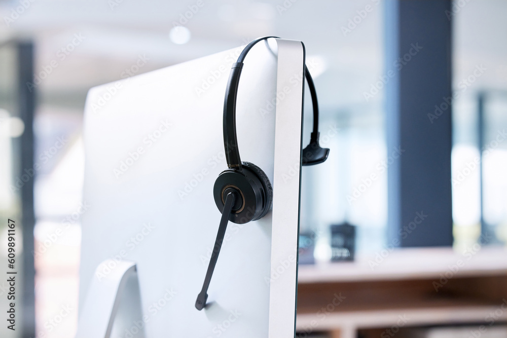 Poster Empty office, computer or call center headset for communication for telecom customer services. Help desk, background or crm workplace for technical support, telemarketing sales or consulting job