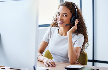 Call center, consulting and portrait of business woman in office for telemarketing, customer...