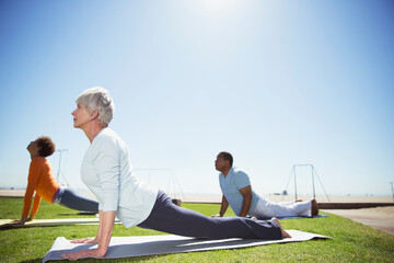 Seniors practicing yoga in sunny beach park