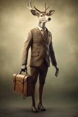 Deer in a business suit, holding a briefcase, blending nature and professionalism.Generative AI.