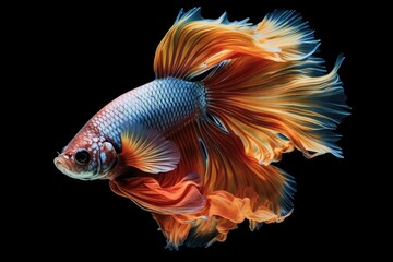 A dragon fighting fish Betta splendens on black background. Multi color Siamese fighting fish. Generative AI
