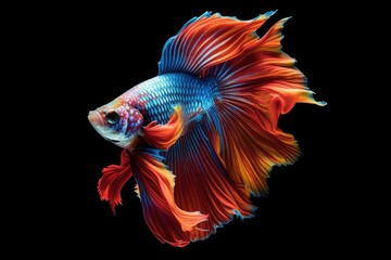 Obraz premium A dragon fighting fish Betta splendens on black background. Multi color Siamese fighting fish. Generative AI