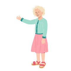 Cute girl shows something. Smiling kid teen girl wearing denim jacket greeting and invite other. Flat vector illustration isolated on white background