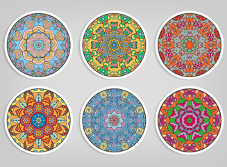 Decorative round ornaments set, isolated elements. Colorful mandala, stylized flower. Abstract geometric doodle patterns for plate decoration, fabric print,  business or greeting card design