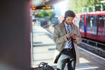 Businessman using cell phone in train station