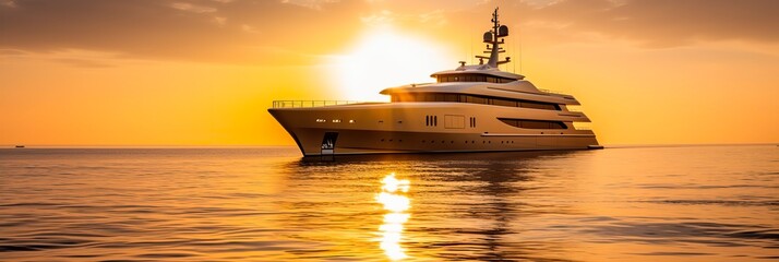 A luxury mega yacht with golden glass in the ocean at a sunset. Generative AI