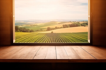 Empty wooden table, vineyard view out of open window, Template for product presentation. Generative AI