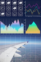 Meteorology forecast data symbol with graph and chart on aircraft fly over in summer blue sky for...