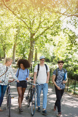 Friends walking with bicycles in park