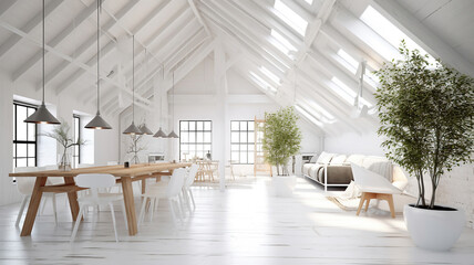 White loft interior in scandinavian style. Generative Ai