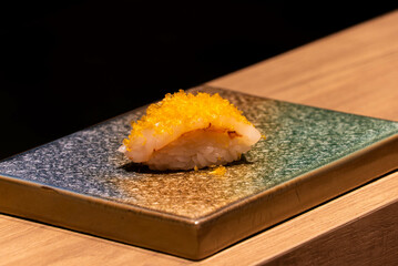 japanese food Ama Ebi & karasumi sushi on wood