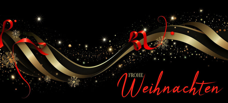 Frohe Weihnachten Gru&szlig;karte banner illustration mit deutschem Text - Goldene, rote Wirbelb&auml;nder Geschenkband und glitzernde Sterne, isoliert auf schwarzem Hintergrund (Generative Ai)