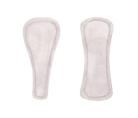 Menstruation Feminine hygiene products, Set of clean hygienic pads, sanitary napkins. Soft cotton texture. Menstrual cycle. Women's Health. Hand drawn watercolor illustration for pack, brochure