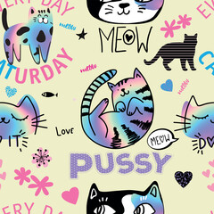 Cute seamless pattern with cats.
kids hand drawn kitty . Pattern for t-shirt, textile, fabric, web, poster, card and other design.