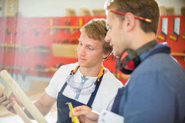 Carpenters examining wood in workshop