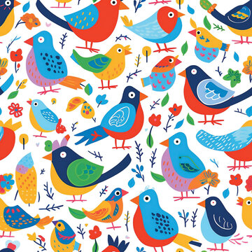 Funny colorful cartoon birds. Seamless pattern. Created with Generative AI technology.