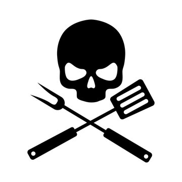 Logo bbq. Herramientas de barbacoa y parrilla. Utensilios de barbacoa. S&iacute;mbolo pirata con silueta de cr&aacute;neo con esp&aacute;tula cruzada con tenedor