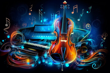 Fototapeta premium colorful neon background musical style theme abstract musical instruments 3d layout. Generative AI