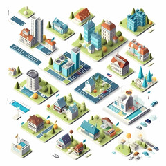 Cityscape Explorations: Isometric City Maps on White Background Made with Generative Ai.