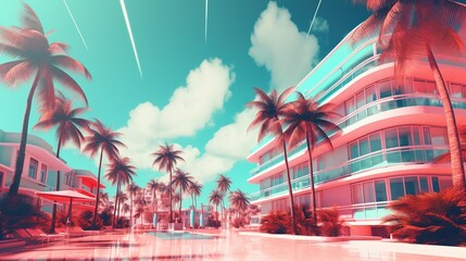 Fototapeta premium Generative AI, Miami Summer Vibes retro illustration. Vintage pink and blue colors, buildings, California palms, 80s style