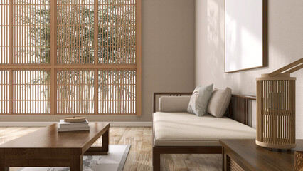 Vintage Chinese living room, antique wood day bed sofa, bolster pillow, coffee table, sunlight from shoji window on parquet floor, beige wallpaper wall. Asian interior design decoration background 3D