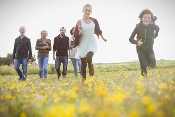 Energetic brother sister running in meadow with family 
