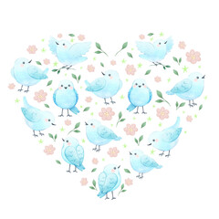 Composition of Birds, Flowers, and Leaves in the Shape of a Heart. Romantic Watercolor illustration, delicate design isolated background