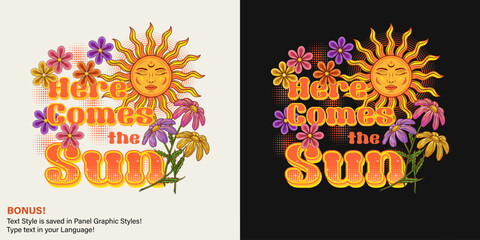 Summer label with sun with face, chamomile, halftone, text and editable font effect. Positive, peaceful concept. Groovy, hippie retro style. For clothing, apparel, T-shirts, surface decoration