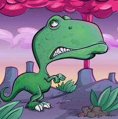 Tyrannosaurus Rex cartoon illustration with an exploding volcano in the background