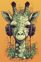 Illustration of a giraffe wearing headphones and enjoying music. Generative ai.	
