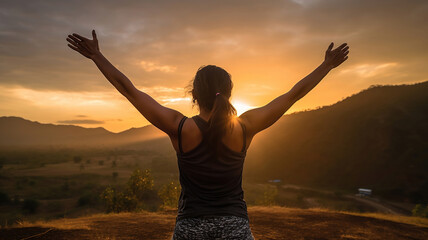 strong motivated woman celebrating workout goals towards the sun. Generative Ai