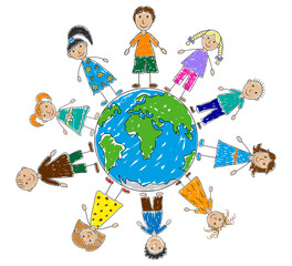 Group of happy kids around planet earth, hand drawn style. Color painted preschool children. Childhood and friendship. Vector illustration