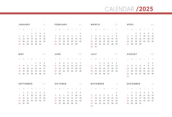 2025 Annual Calendar template. Vector layout of a wall or desk simple calendar with week start sunday.
