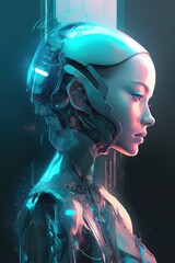 The abstract illustration features a robotic woman's face, combining futuristic elements with human-like features.
Generative Ai.