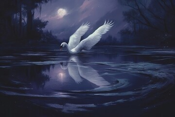 swan gracefully gliding across a moonlit lake. combination of deep blues, purples, and silver tones to evoke a sense of enchantment and magic - obrazy, fototapety, plakaty