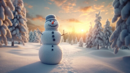 Obraz premium Happy snowman standing in winter christmas landscape. Generative Ai