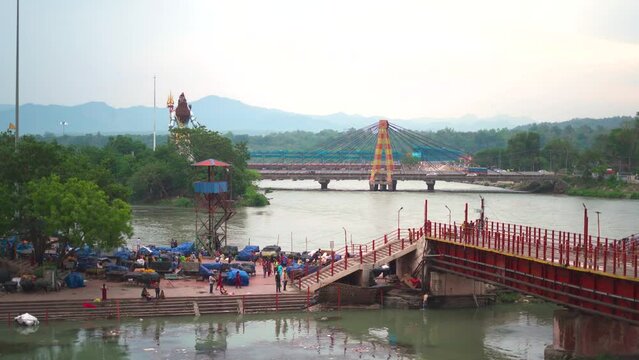 Ganges or Ganga river at Har ki pauri in hindu pilgrimage city of Haridwar Uttrakhand of North India