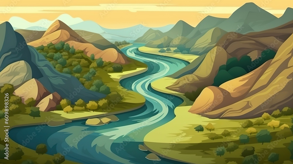 Wall mural background river winding through hills. an artistic depiction of a river meandering through rolling 