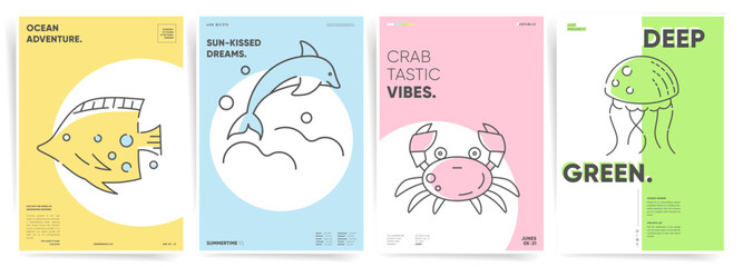 Minimal Summer Poster Designs with Vibrant Yellow, Blue, Pink, and Green Colors. Dolphin, Crab, Medusa and Fish Illustrations. Colorful A4 Templates for Posters, Brochures, Banners, and Flyers