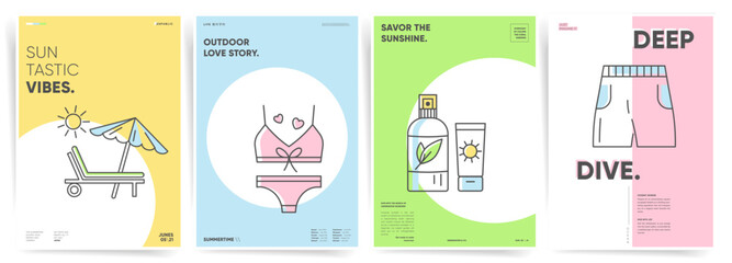 Summer Poster Designs. Minimal Beach Party Vibes with Swimsuits, Sunscreen, and Joyful Relaxation. Sunny yellow, pink, green and blue colors. and soft paster line arts. Trendy and Modern Vector Design