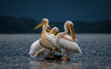 Great white pelicans on rock